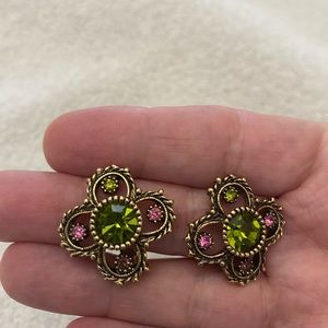 Vintage Sarah Coventry Clip on earns gold tone green pink purple rhinestone